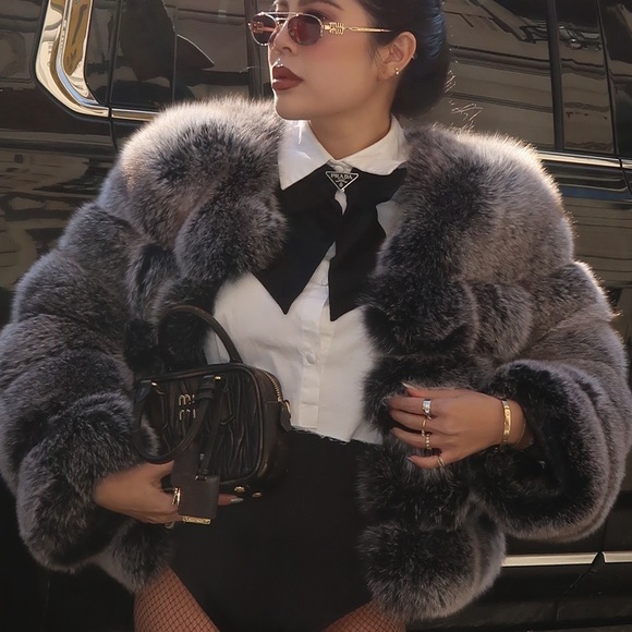Jackets & Blazers - Luxurious grey real genuine fox fur bubble cropped jacket coat S *blogger*
